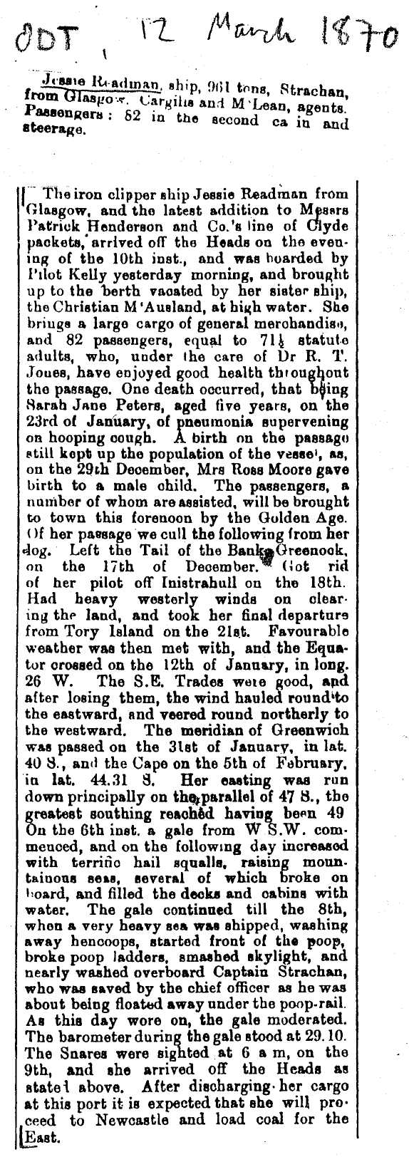 Jessie Readman Account of Voyage
